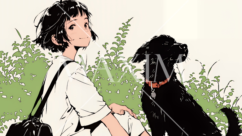 愛犬と散歩している若い女性（シンプルな色使い）