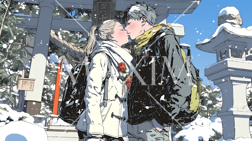 初詣をしている若い恋人カップル