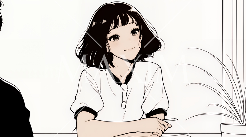 会議で発表している男性に魅了され、新しい恋の予感を抱いた若い女性（シンプルな色使い）