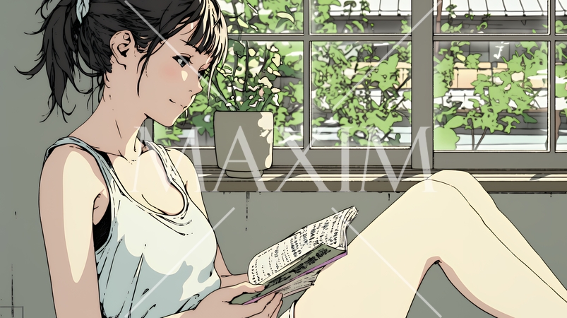 のんびり・ゆったり：窓辺でリラックスして本を読んでいる若い女性