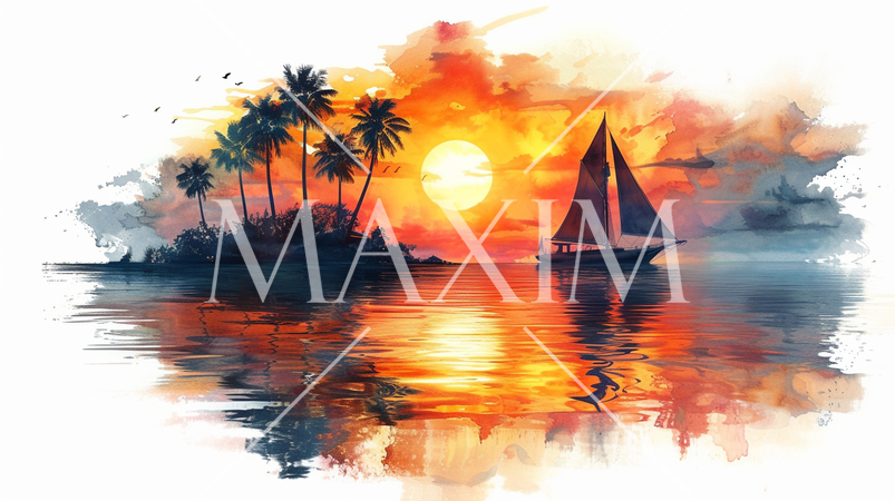 南洋の孤島とヨットと夕日：水彩画