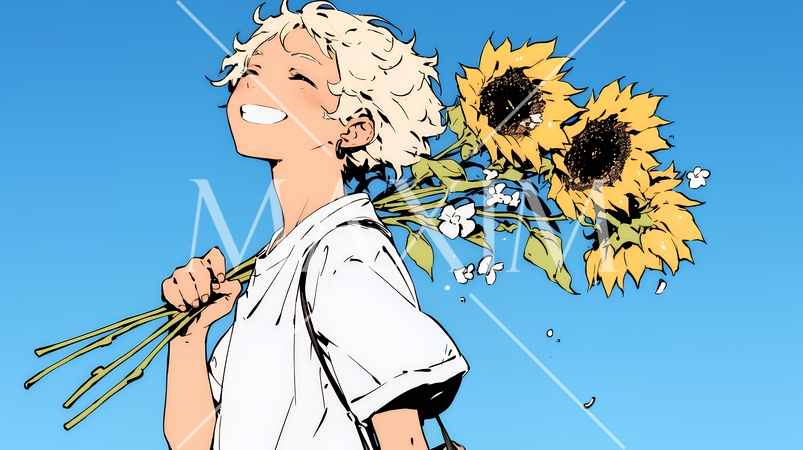 ひまわりと女性（シンプルな色使い）