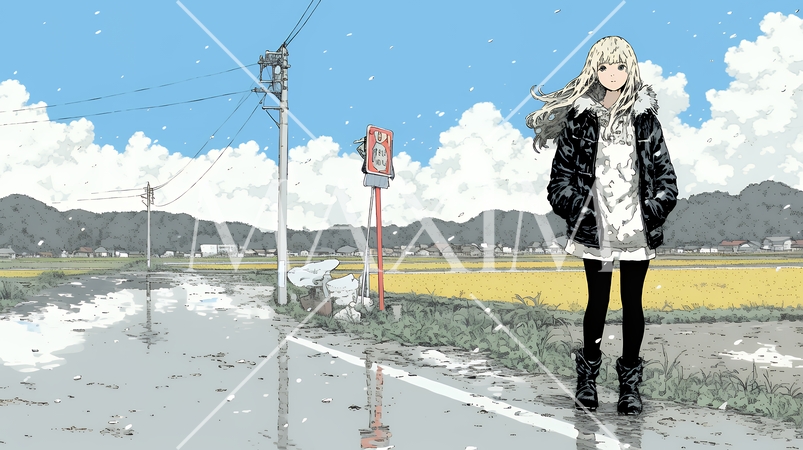 雪解けでぬかるんだ道を歩く若い女性