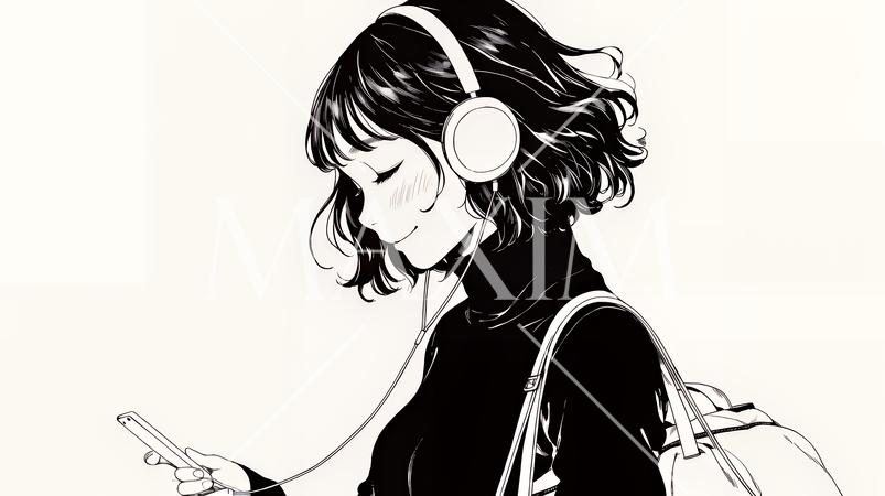 楽しそうにスマホ画面を眺めている若い女性（シンプルな色使い）