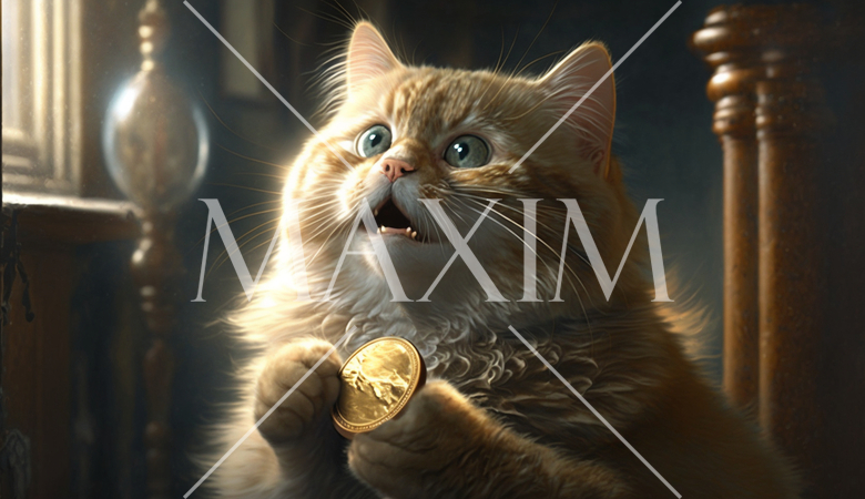 猫に小判：実は猫も小判をもらって大喜び。金ぴかの金貨を猫にプレゼント。喜びのあまり呆然としている。