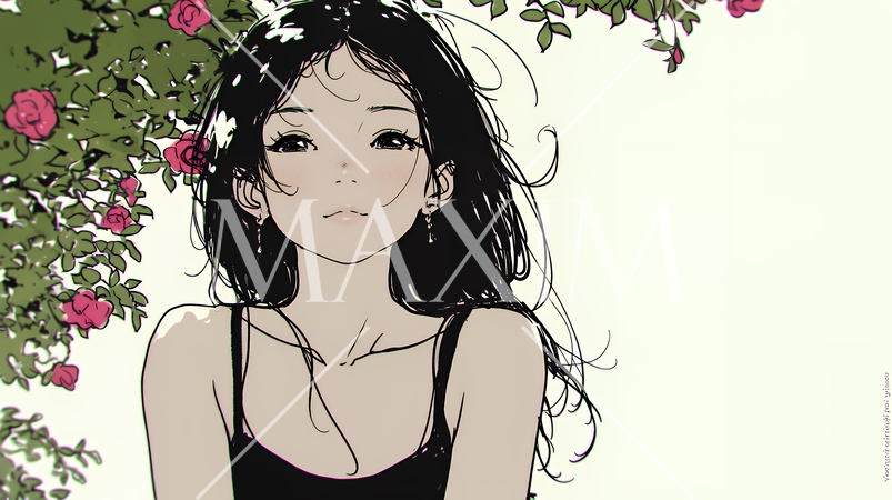 バラ園を散策している若い女性（シンプルな色使い）