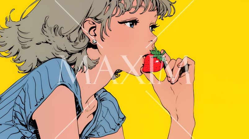 イチゴを摘んで食べている若い女性