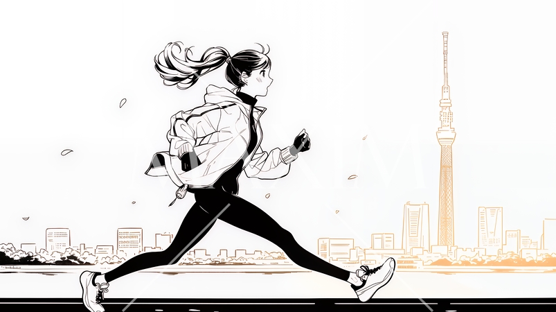 夕方の街並みを背景にジョギングをする若い女性（シンプルな色使い）