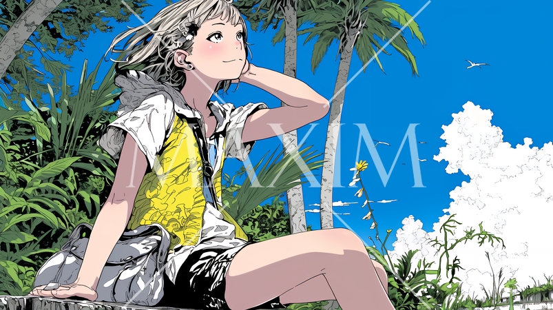 山原を一人で散策している若い女性