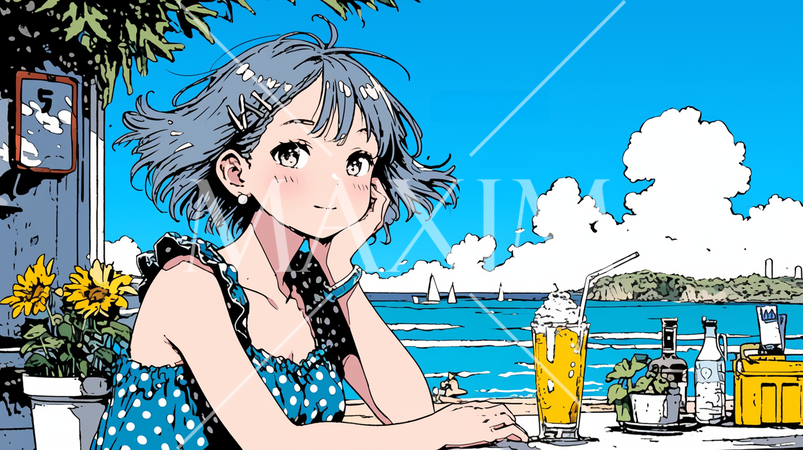 海辺の喫茶レストランで飲み物を飲んでいる若い女性