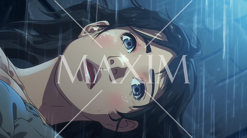 寝耳に水：寝ていたら急な雨が耳に入り驚いている若い女性