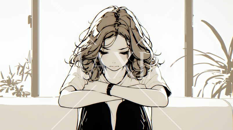 腹痛（生理痛）に苦しむ若い女性（シンプルな色使い）