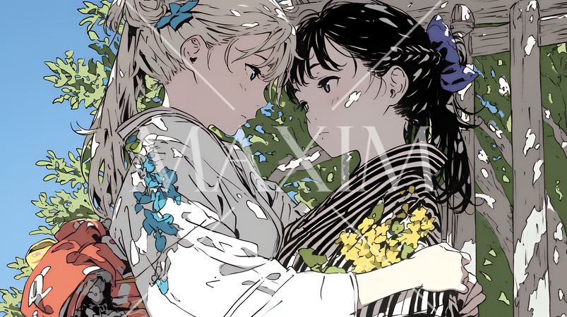 和服姿で抱き合っている若い女性カップル