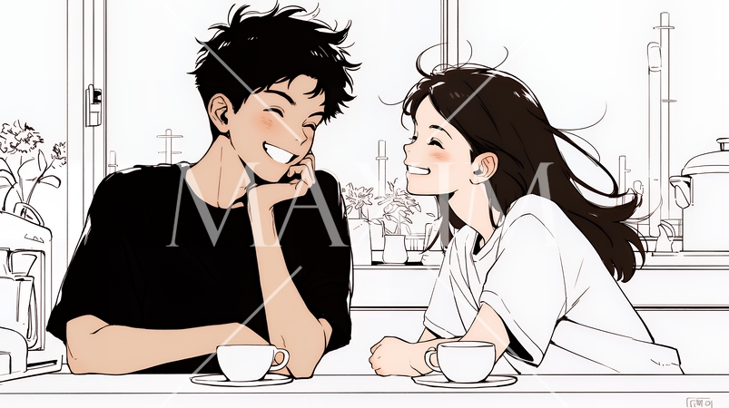 幸せそうなカップル：ダイニングルームて談笑（シンプルな色使い）