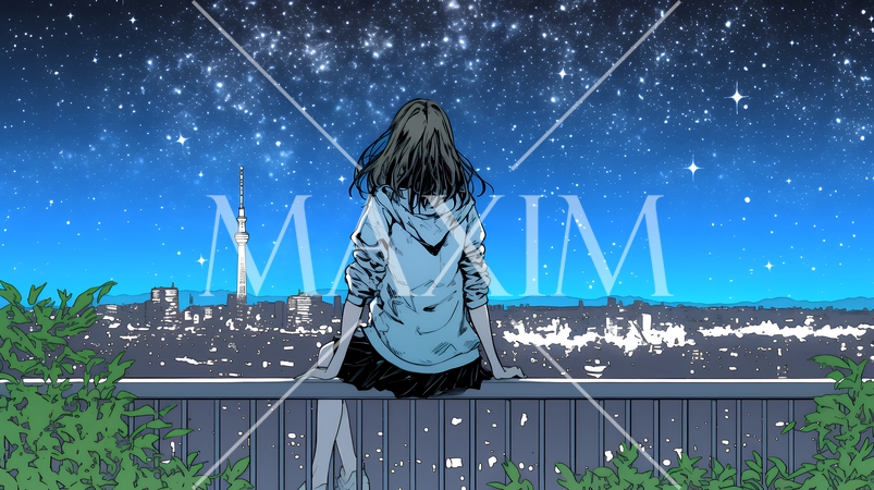 星空を眺めている若い女性