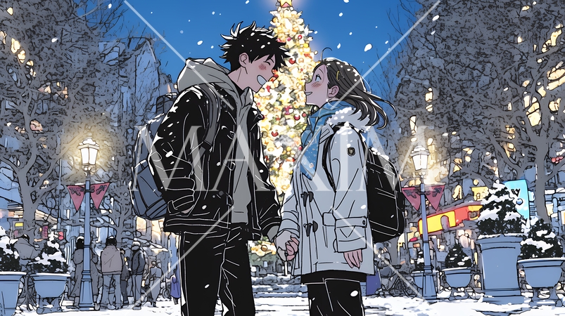 クリスマスのデートを楽しんでいる若いカップル