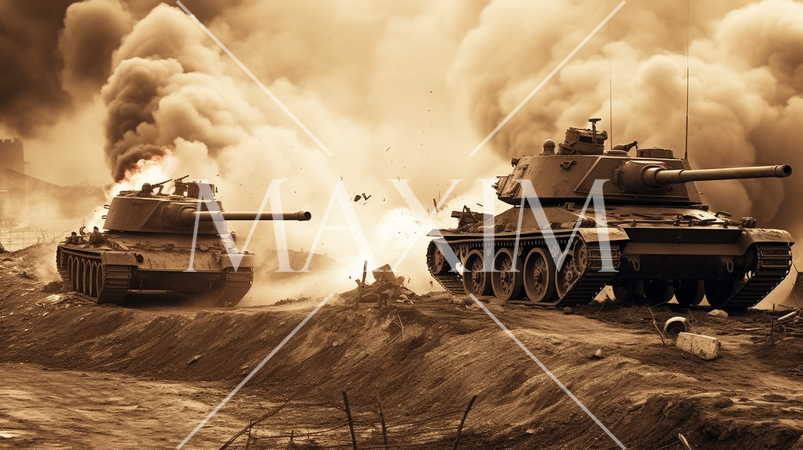 戦争最前線の地上戦部隊：セピア写実的描画