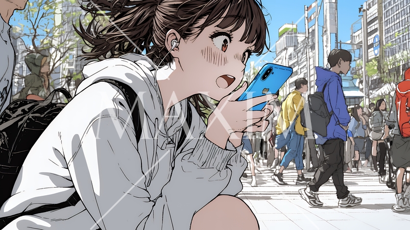 スマホの画面を見て驚いている若い女性