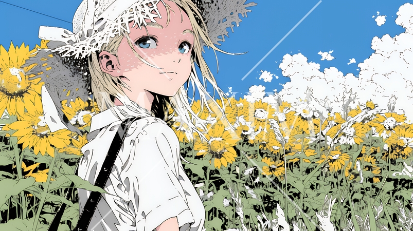 夏の晴天の日、ひまわりの畑を散策している若い女性