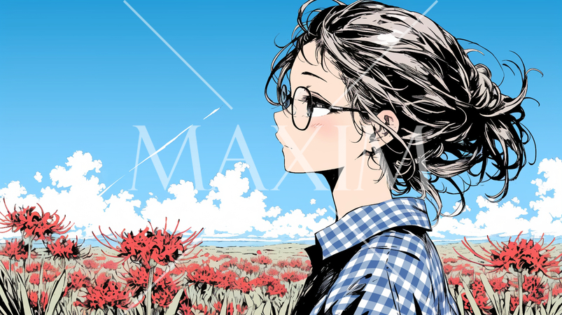 彼岸花がたくさん咲く小道を歩く若い女性