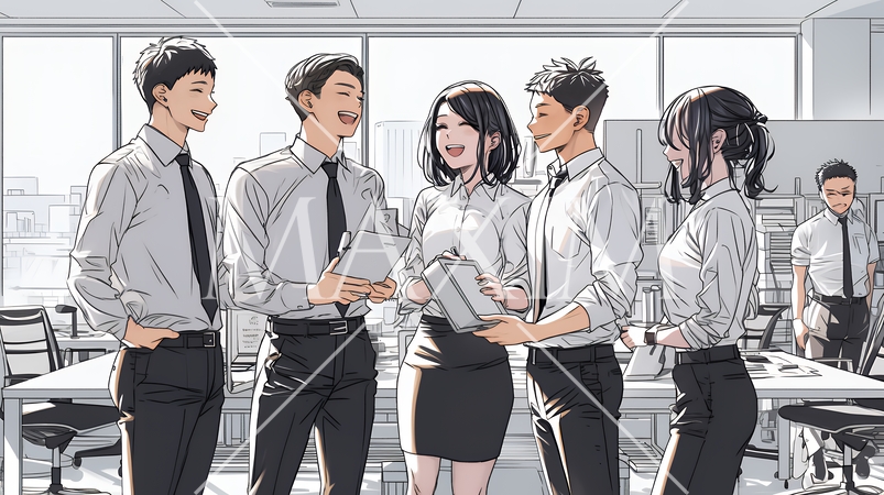 オフィスで立ったまま簡単な打合せをしているビジネスパーソン