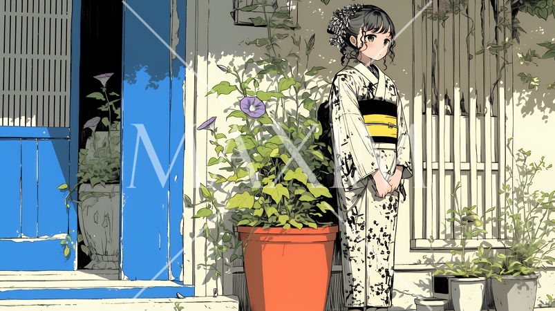 アサガオと浴衣姿の若い女性