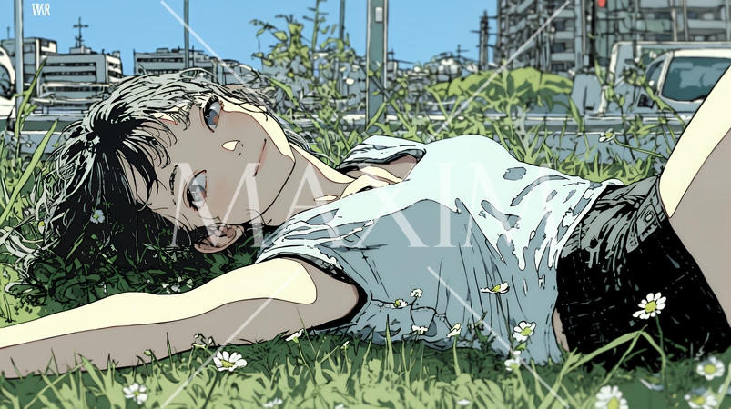 心地よさそうに地面に身を横たえる若い女性