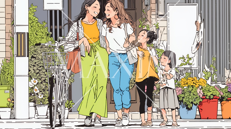 道端で会話を楽しむ若い主婦たち（ママ友たち）