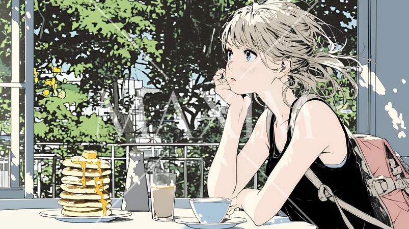 早朝のダイナー（喫茶店）でパンケーキ（モーニングセット）を食べる若い女性