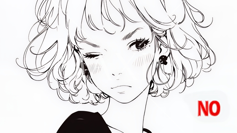 Noという表現を思いっきり顔に表しているる女性（シンプルな色使い）