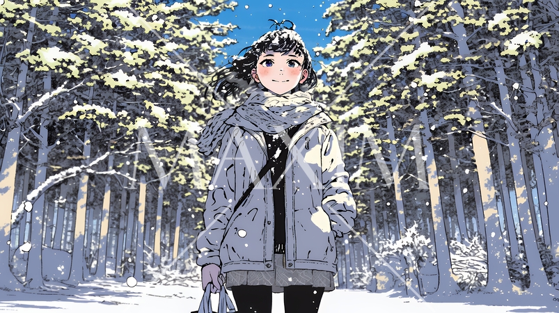 雪の積もる田舎道を歩いている若い女性