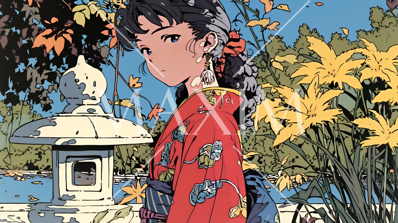 紅葉に包まれた中、着物を纏った若い女性が佇んでいる