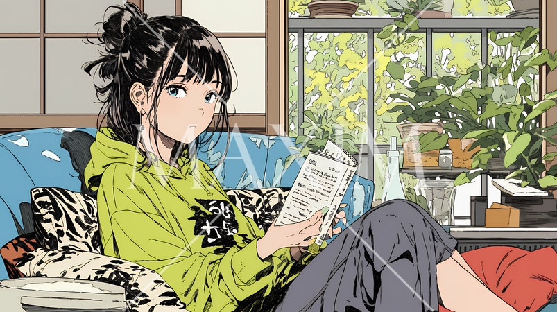 読書の秋：リビングルームで本を読んでいる若い女性
