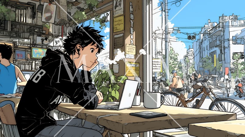 カフェでフリーランスや学生が仕事や勉強をしている