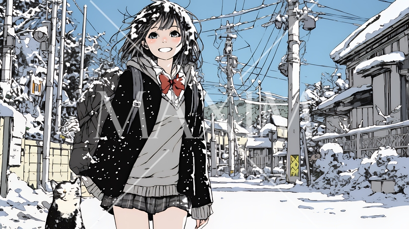 雪の日に通学する女子高生