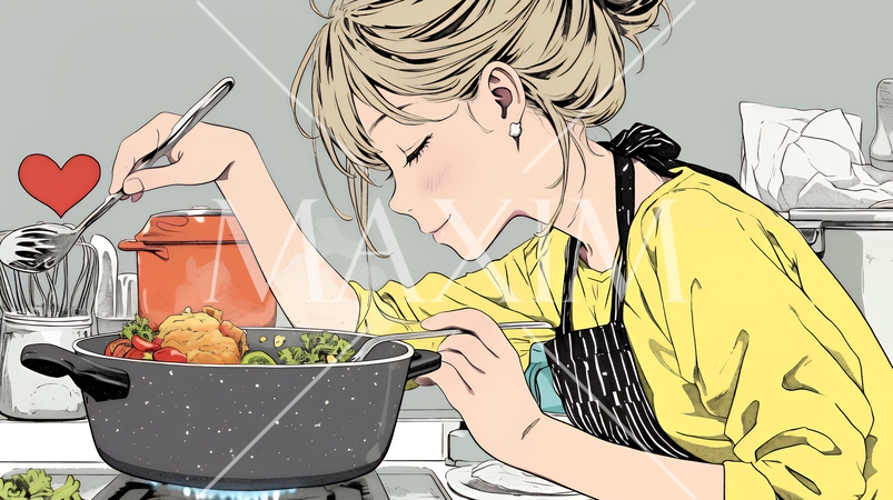 なれない料理に奮闘中の若い女性