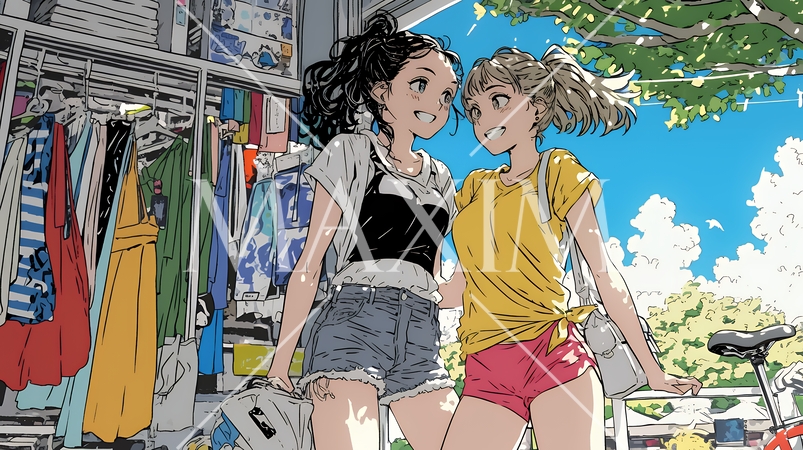 ビーチリゾートのショップで女友達と買物をしている若い女性