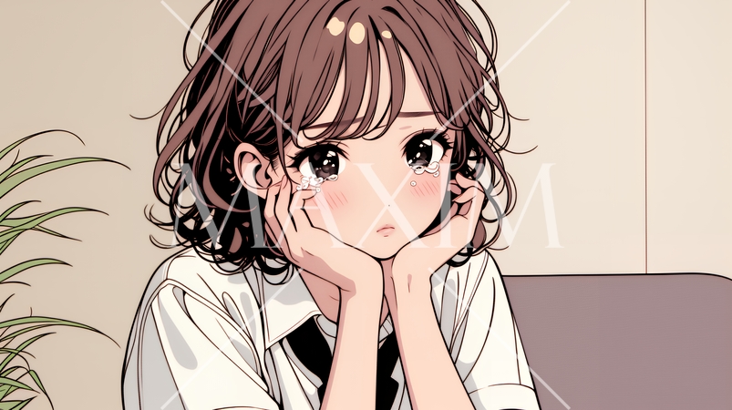 涙ぐむ制服姿の女子高生