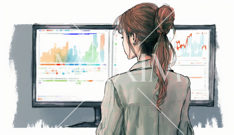 モニターに表示された株価チャートと注文画面を見つめる女性トレーダーの後ろ姿。