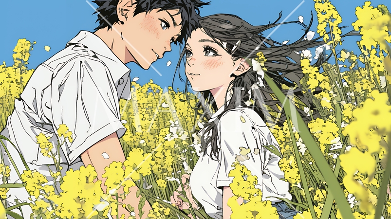 菜の花畑でデートをしている若いカップル