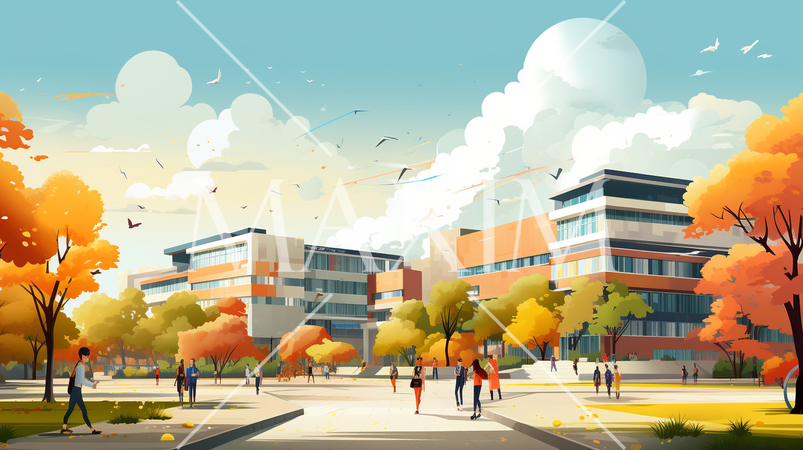 大学のキャンパスのイメージの水彩画