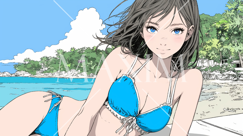 南国の海岸にビキニ姿でいる若い女性