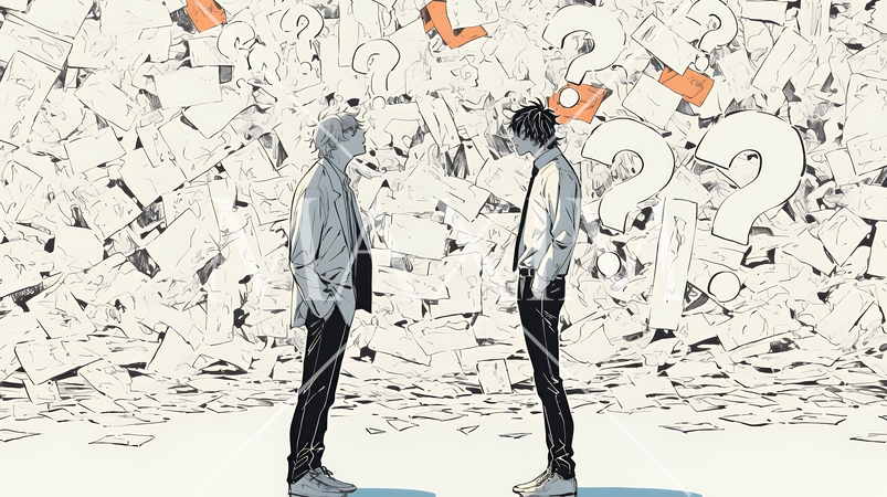 互いに相手の意見を十分に理解できないまま対話を続ける二人のビジネスマン