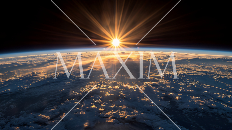 宇宙から見た日の出：地球の水平線から太陽が昇ってくる姿を人工衛星から見た：精緻CG