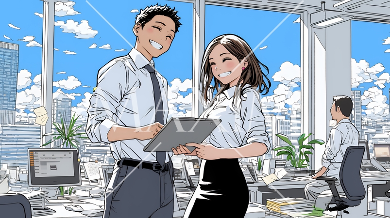 オフィスで立ったまま簡単な打合せをしているビジネスパーソン