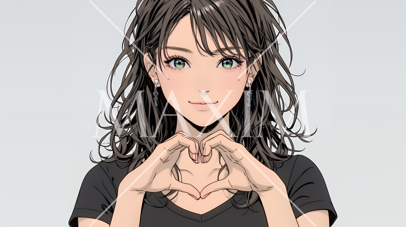 ハートマークを手で作り愛情表現をしている若い女性