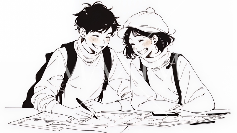 仲良く二人で旅行の計画を立てている若いカップル（シンプルな色使い）