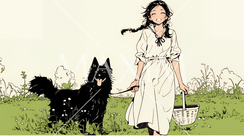 愛犬と散歩している若い女性（シンプルな色使い）