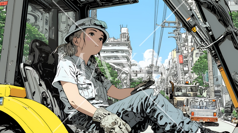 建設現場で重機を操作する若い女性