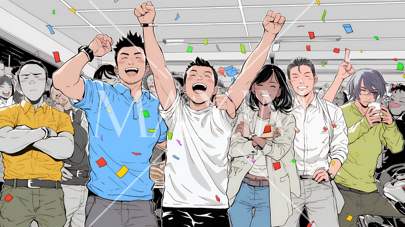 プロジェクト成功を喜ぶスタートアップチーム｜オフィスで大喜びするビジネスパーソン